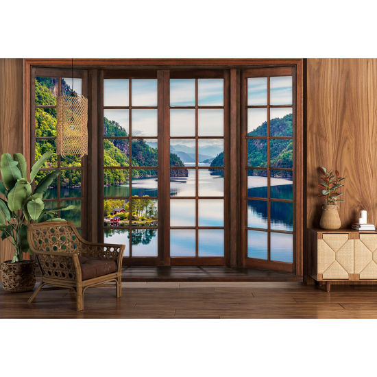 Carta da parati panoramica - Illusione ottica - Finestra in legno - Lago
