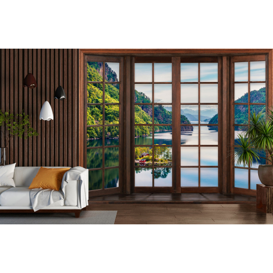 Carta da parati panoramica - Illusione ottica - Finestra in legno - Lago