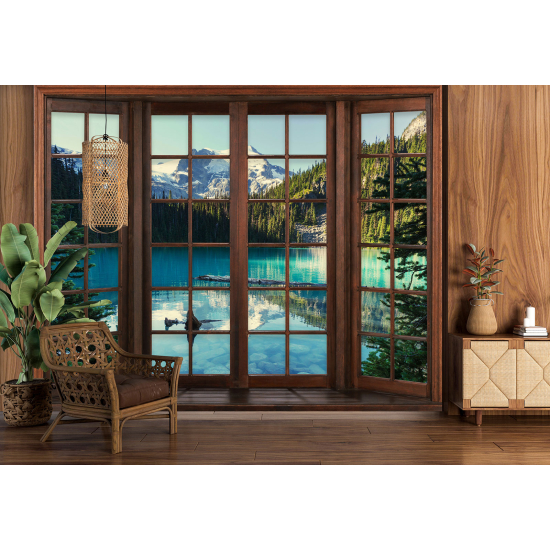 Carta da parati panoramica - Illusione ottica - Finestra in legno - Lago Montagne