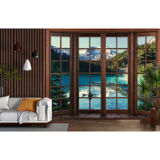 Carta da parati panoramica - Illusione ottica - Finestra in legno - Lago Montagne