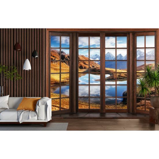 Carta da parati panoramica - Illusione ottica - Finestra in legno - Lago Montagne