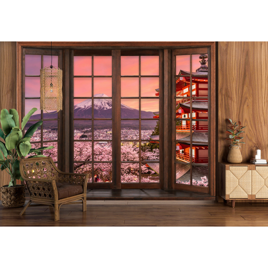 Carta da parati panoramica - Illusione ottica - Finestra in legno - Monte Fuji Giappone
