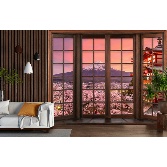 Carta da parati panoramica - Illusione ottica - Finestra in legno - Monte Fuji Giappone