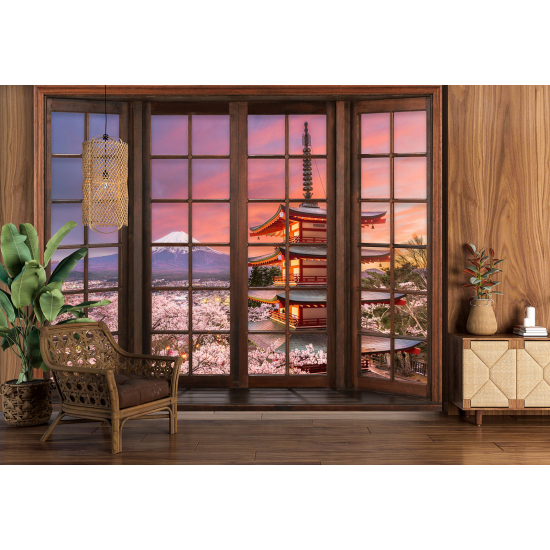 Carta da parati panoramica - Illusione ottica - Finestra in legno - Monte Fuji Giappone