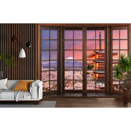Carta da parati panoramica - Illusione ottica - Finestra in legno - Monte Fuji Giappone