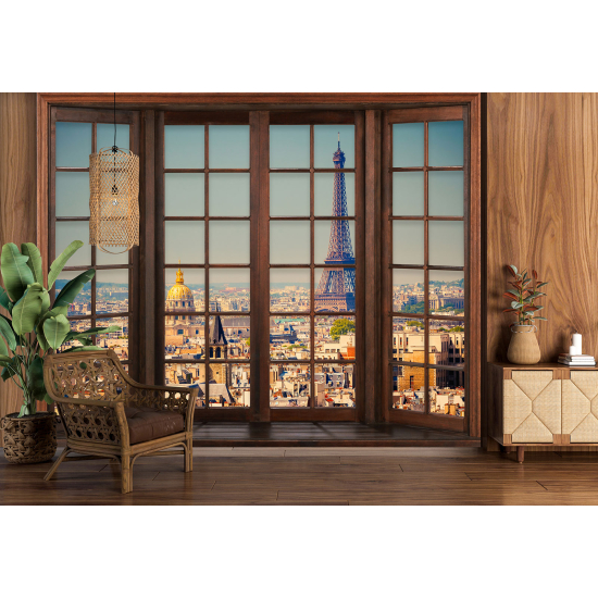 Carta da parati panoramica - Illusione ottica - Finestra in legno - Parigi Torre Eiffel