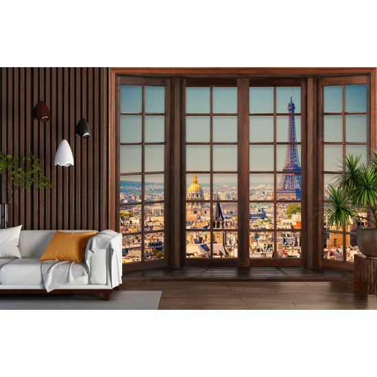 Carta da parati panoramica - Illusione ottica - Finestra in legno - Parigi Torre Eiffel