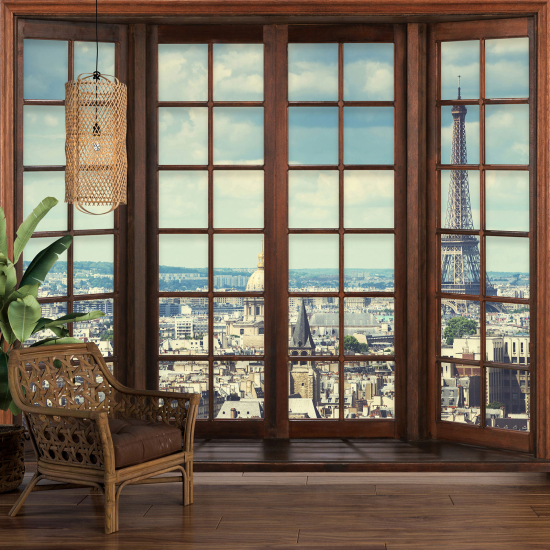 Carta da parati panoramica - Illusione ottica - Finestra in legno - Parigi Torre Eiffel