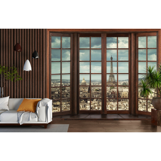 Carta da parati panoramica - Illusione ottica - Finestra in legno - Parigi Torre Eiffel