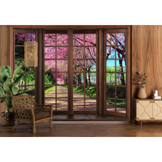 Carta da parati panoramica - Illusione ottica - Finestra in legno - Sentiero