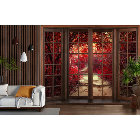 Carta da parati panoramica - Illusione ottica - Finestra in legno - Sentiero