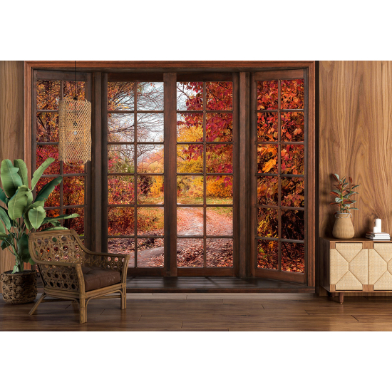 Carta da parati panoramica - Illusione ottica - Finestra in legno - Sentiero autunno