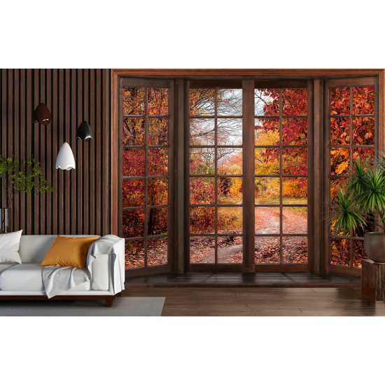 Carta da parati panoramica - Illusione ottica - Finestra in legno - Sentiero autunno