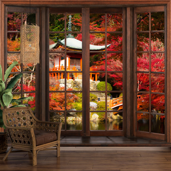 Carta da parati panoramica - Illusione ottica - Finestra in legno - Tempio Giapponese