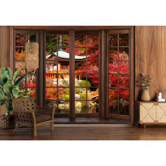 Carta da parati panoramica - Illusione ottica - Finestra in legno - Tempio Giapponese