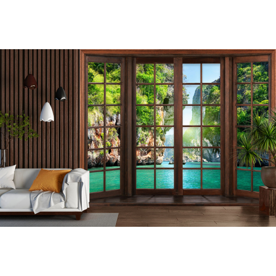 Carta da parati panoramica - Illusione ottica - Finestra in legno - Thailandia