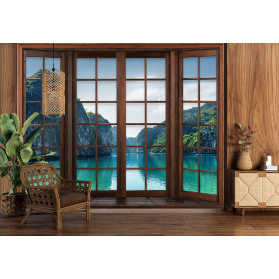 Carta da parati panoramica - Illusione ottica - Finestra in legno - Thailandia