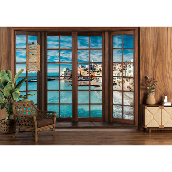 Carta da parati panoramica - Illusione ottica - Finestra in legno - Villaggio Mediterraneo