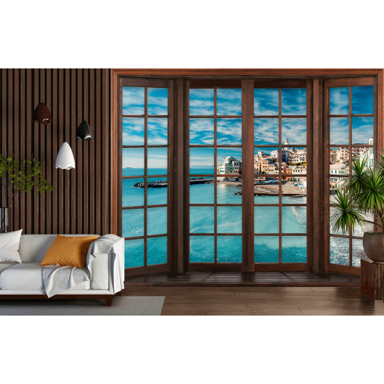 Carta da parati panoramica - Illusione ottica - Finestra in legno - Villaggio Mediterraneo