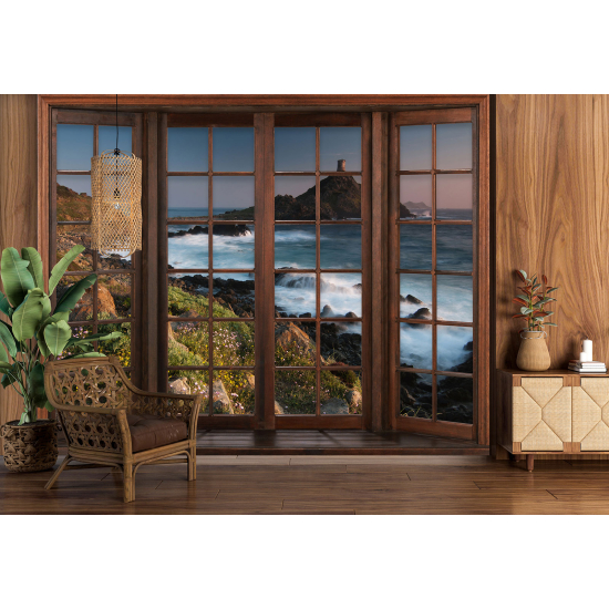 Carta da parati panoramica - Illusione ottica - Finestra in legno - Vista Mare
