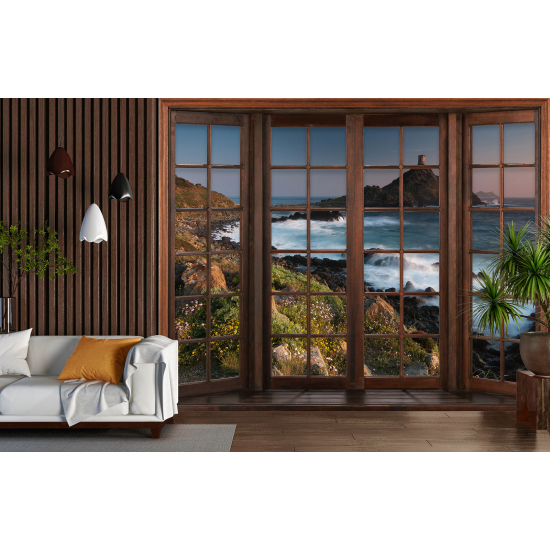 Carta da parati panoramica - Illusione ottica - Finestra in legno - Vista Mare