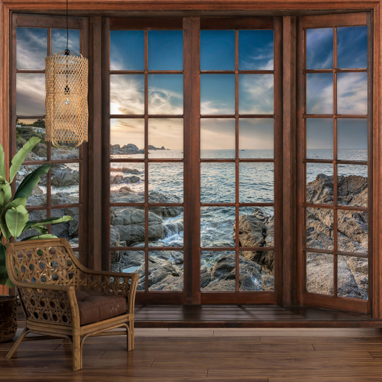 Carta da parati panoramica - Illusione ottica - Finestra in legno - Vista Mare