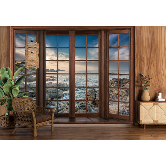 Carta da parati panoramica - Illusione ottica - Finestra in legno - Vista Mare