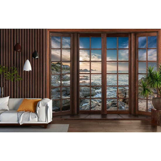Carta da parati panoramica - Illusione ottica - Finestra in legno - Vista Mare