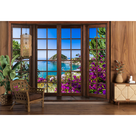 Carta da parati panoramica - Illusione ottica - Finestra in legno - Vista Mare