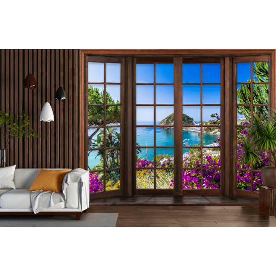 Carta da parati panoramica - Illusione ottica - Finestra in legno - Vista Mare