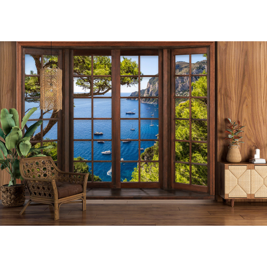 Carta da parati panoramica - Illusione ottica - Finestra in legno - Vista Mare