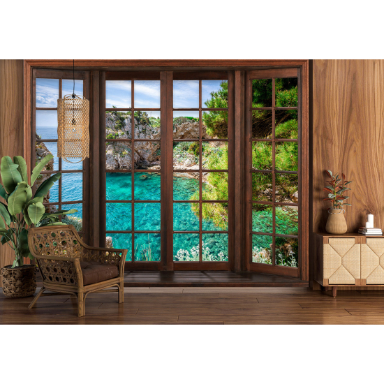 Carta da parati panoramica - Illusione ottica - Finestra in legno - Vista Mare