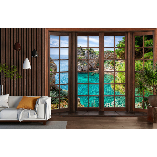 Carta da parati panoramica - Illusione ottica - Finestra in legno - Vista Mare