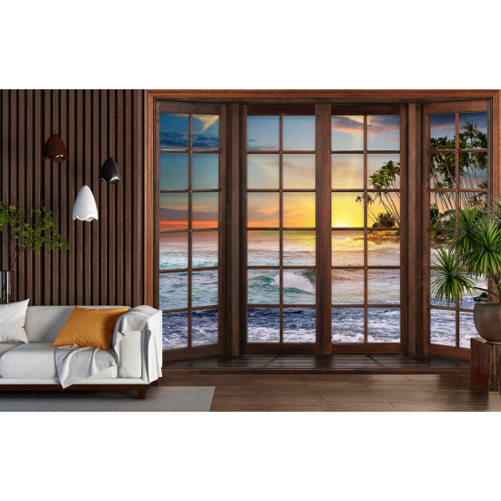 Carta da parati panoramica - Illusione ottica - Finestra in legno - Vista Mare