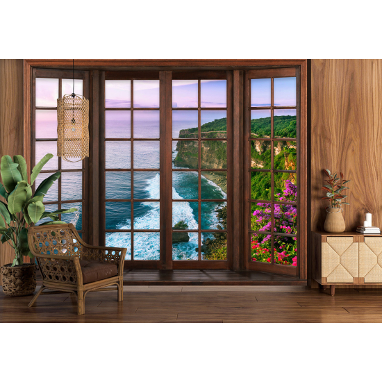 Carta da parati panoramica - Illusione ottica - Finestra in legno - Vista Mare