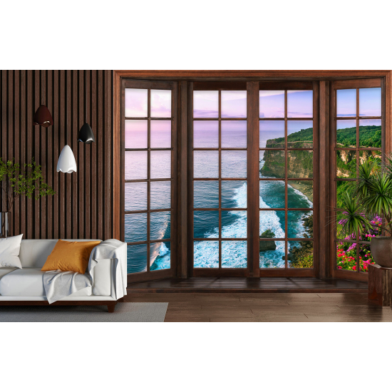 Carta da parati panoramica - Illusione ottica - Finestra in legno - Vista Mare
