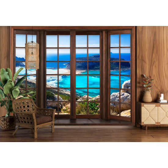 Carta da parati panoramica - Illusione ottica - Finestra in legno - Vista Mare