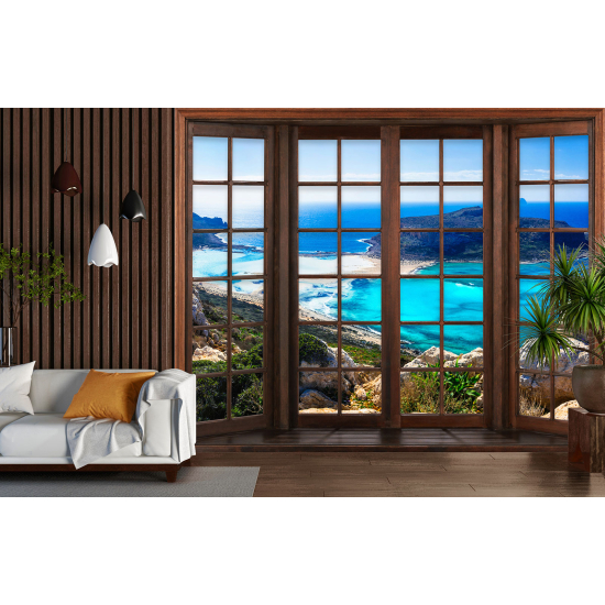 Carta da parati panoramica - Illusione ottica - Finestra in legno - Vista Mare