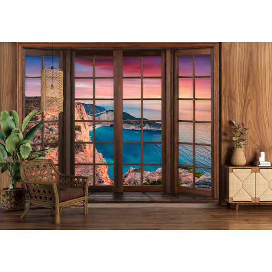 Carta da parati panoramica - Illusione ottica - Finestra in legno - Vista Mare