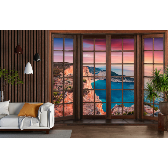 Carta da parati panoramica - Illusione ottica - Finestra in legno - Vista Mare