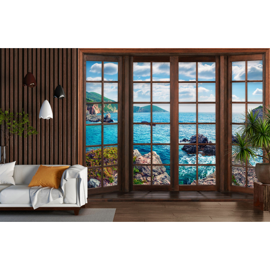 Carta da parati panoramica - Illusione ottica - Finestra in legno - Vista Mare