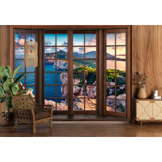 Carta da parati panoramica - Illusione ottica - Finestra in legno - Vista Mare