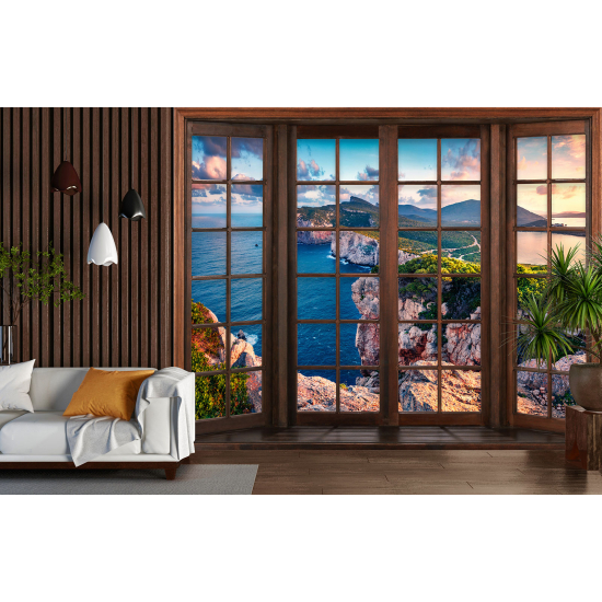 Carta da parati panoramica - Illusione ottica - Finestra in legno - Vista Mare