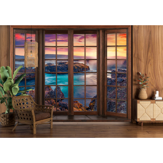 Carta da parati panoramica - Illusione ottica - Finestra in legno - Vista Mare