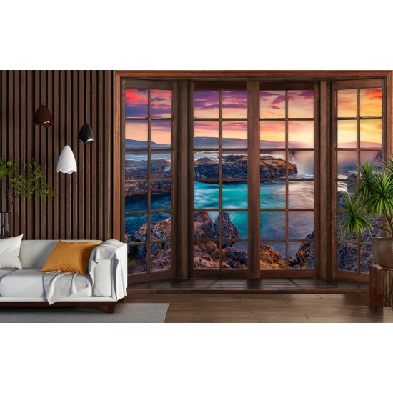 Carta da parati panoramica - Illusione ottica - Finestra in legno - Vista Mare