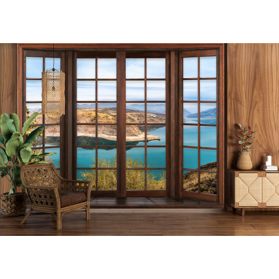 Carta da parati panoramica - Illusione ottica - Finestra in legno - Vista Mare