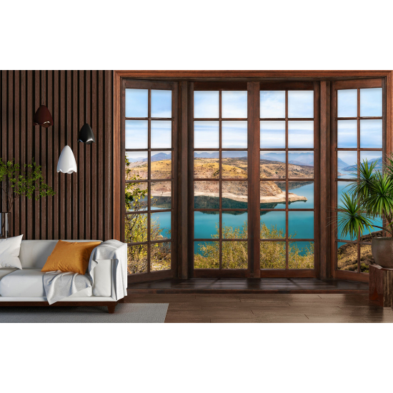 Carta da parati panoramica - Illusione ottica - Finestra in legno - Vista Mare