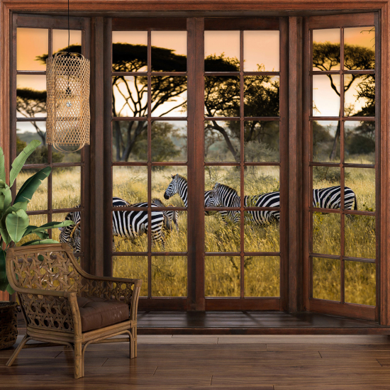 Carta da parati panoramica - Illusione ottica - Finestra in legno - Zebre