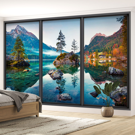 Carta da parati panoramica - Illusione ottica - Lago e montagne
