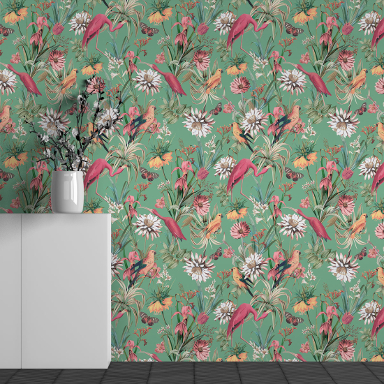 Carta da parati panoramica - Motivo Fiori Fenicotteri Rosa